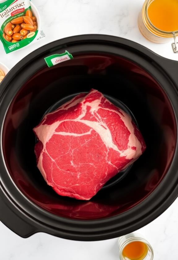 beef placed in crockpot