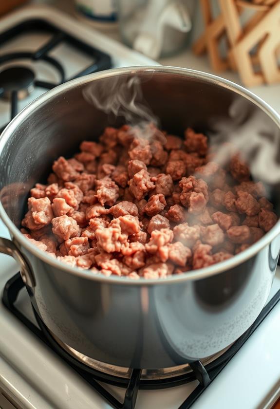 brown beef in pot