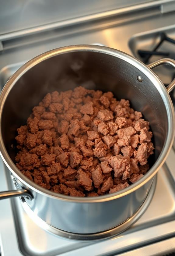 brown beef in pot