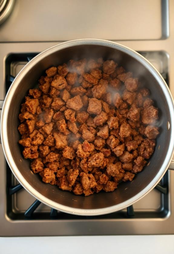 brown beef in pot