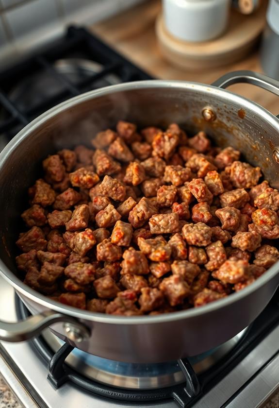 brown beef in pot