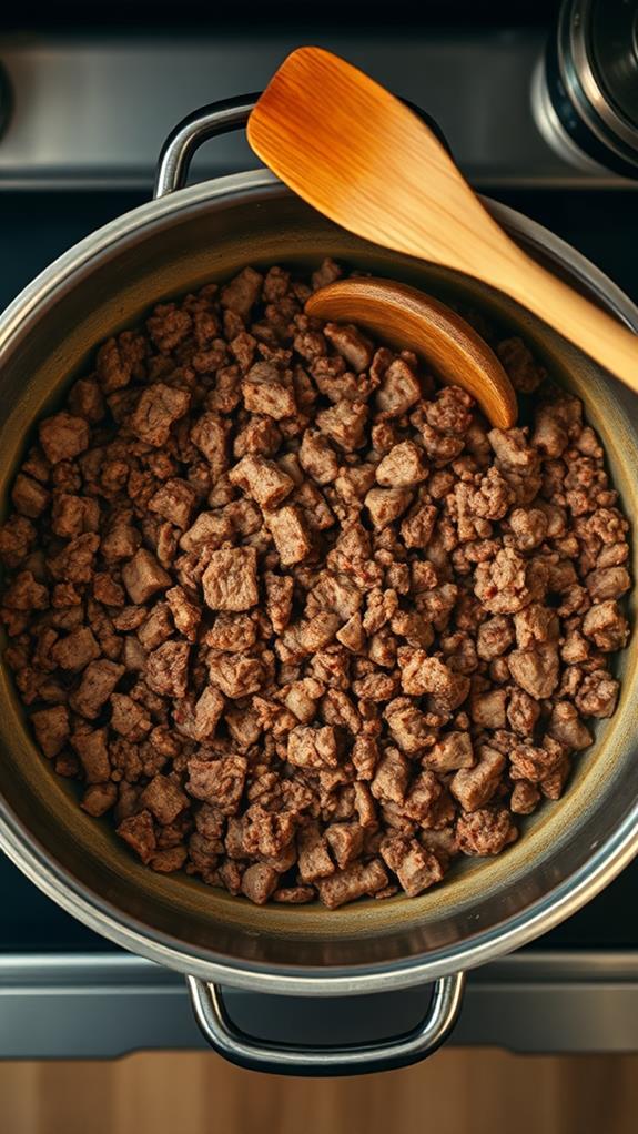 brown beef in pot