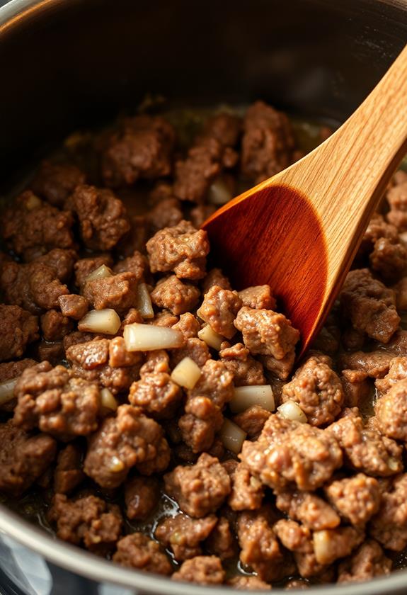 brown beef in pot