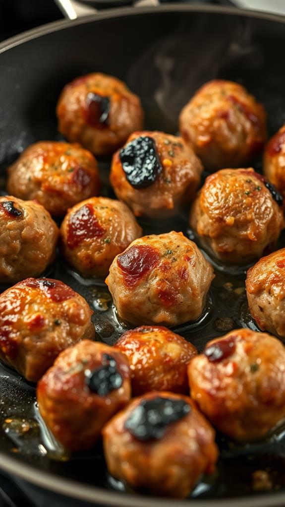 brown meatballs in skillet