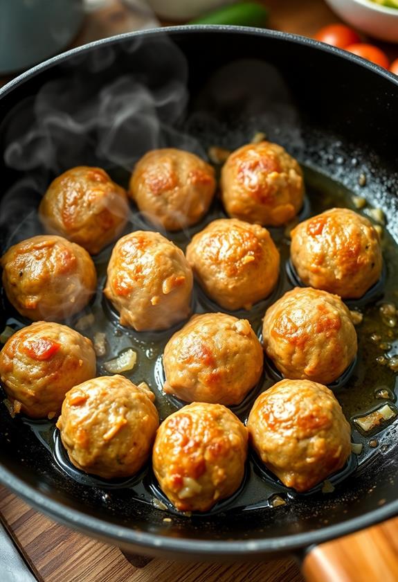 brown meatballs in skillet