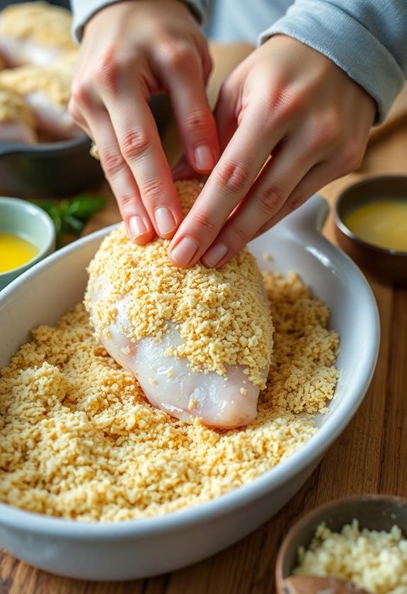 coat chicken with breadcrumbs