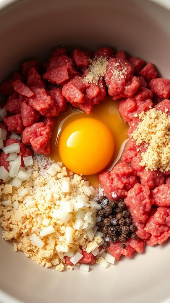 combine beef and breadcrumbs