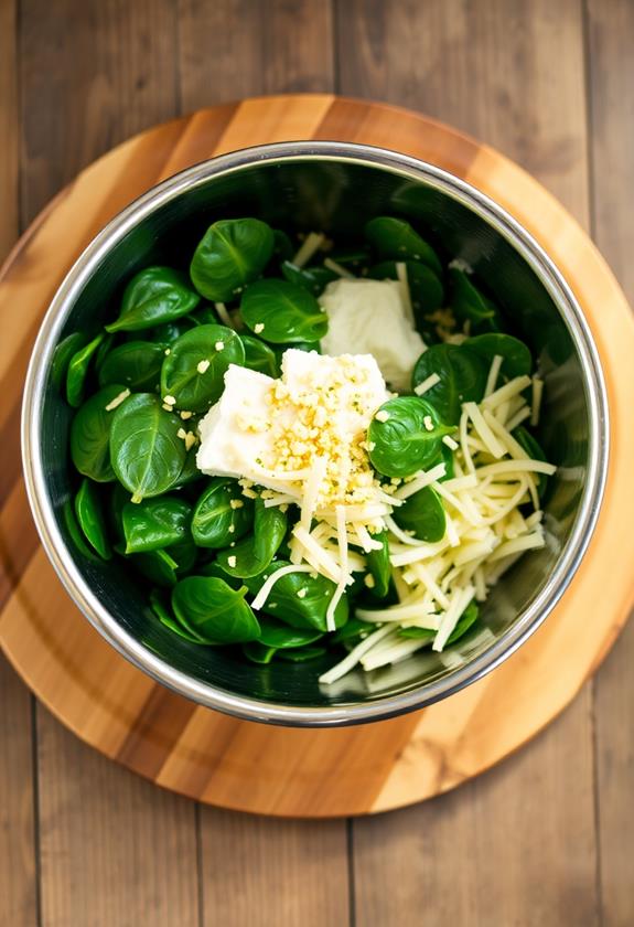 combine cheeses with spinach