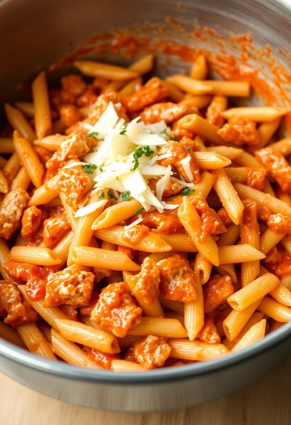 combine chicken and pasta