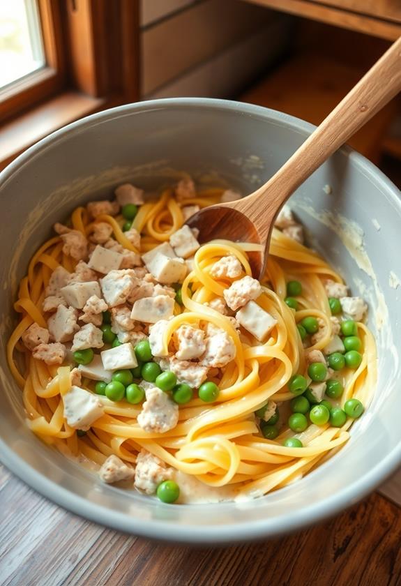 combine noodles and tuna