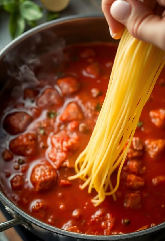 combine pasta with sauce