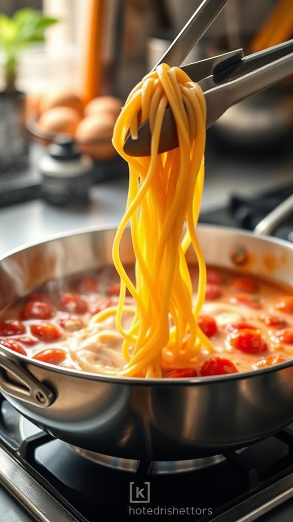 combine pasta with tomato