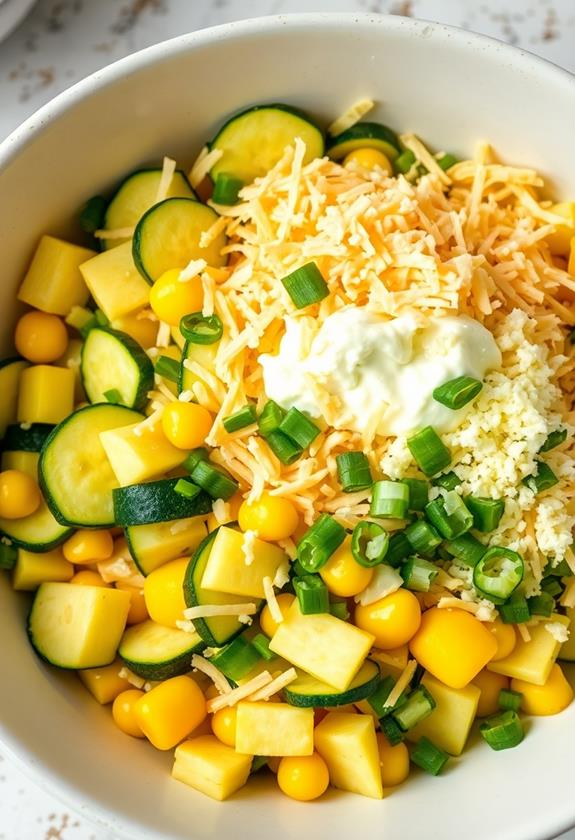 combine veggies and cheeses