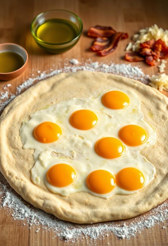 crack eggs onto dough