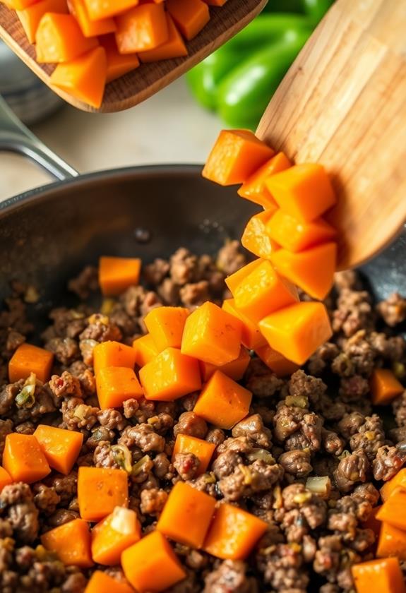 incorporate diced sweet potatoes