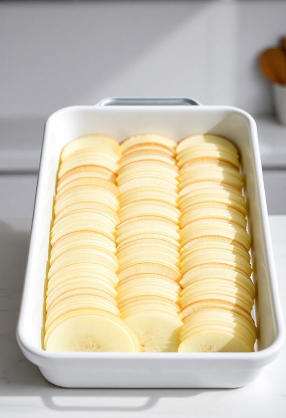 layer sliced potatoes evenly