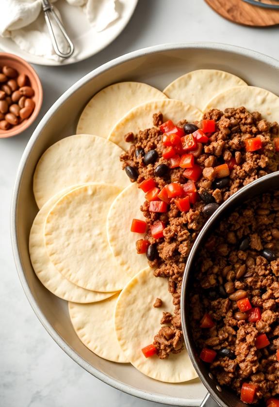 layer tortillas with beef