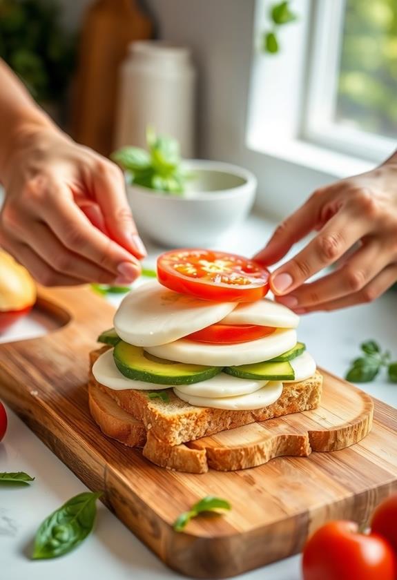 layering avocado mozzarella tomato