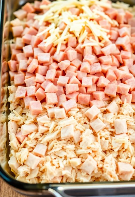 layering chicken ham cheese