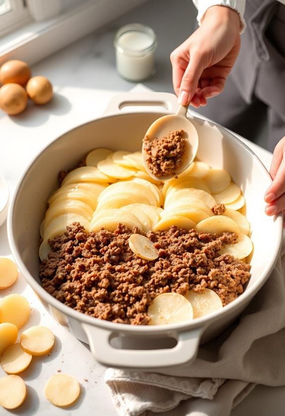 layering potatoes and beef