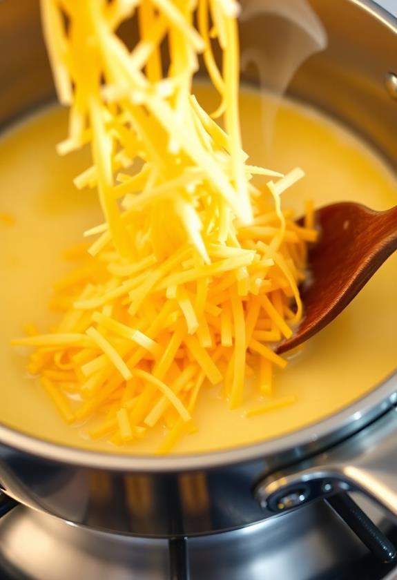 melt cheeses by stirring