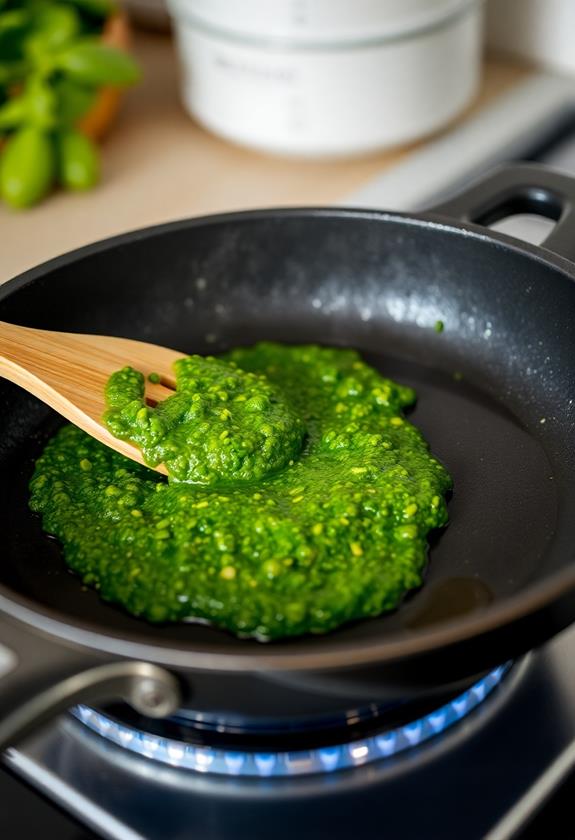 pesto application in skillet