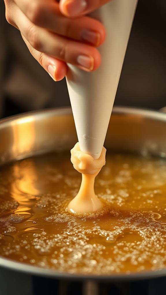 pipe dough into oil