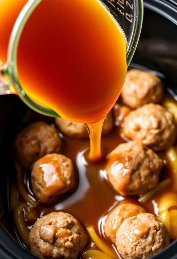 pour broth over meatballs