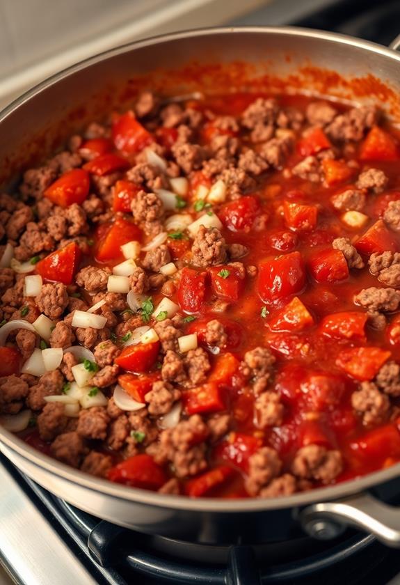 simmer beef and tomatoes