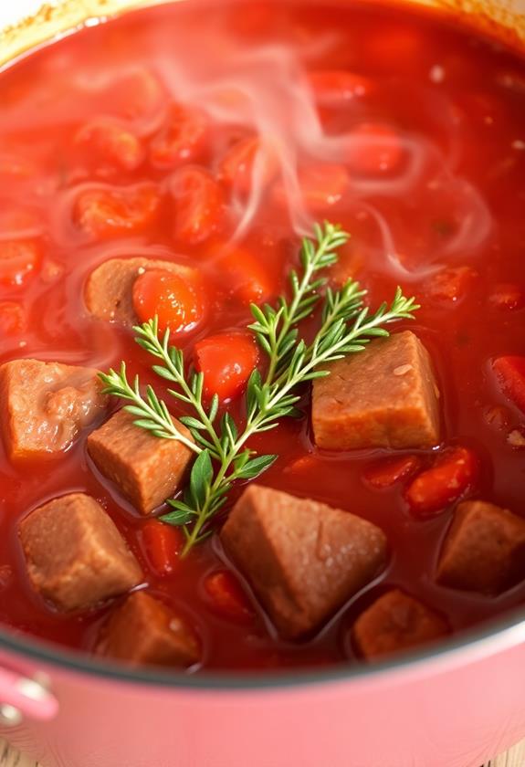 simmering herbs and tomatoes