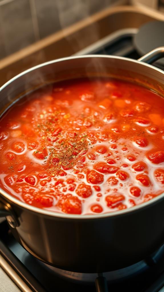 simmering with crushed tomatoes