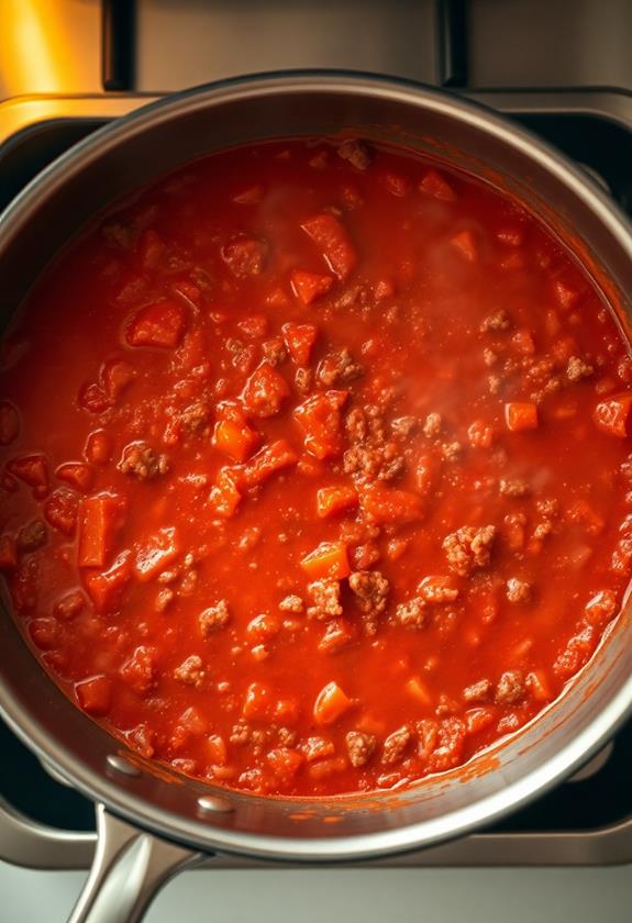 simmering with crushed tomatoes