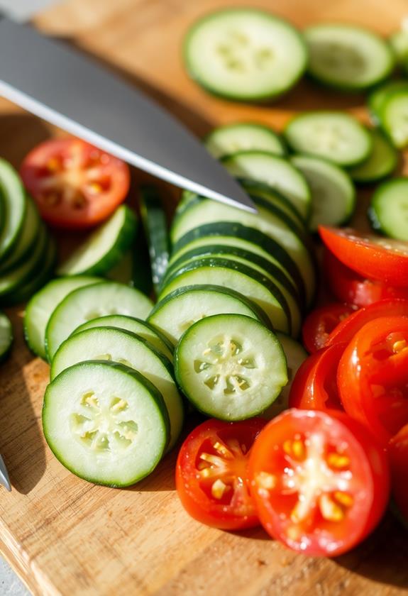 slice cucumbers and tomatoes