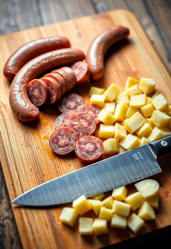 slicing sausage cubing potatoes