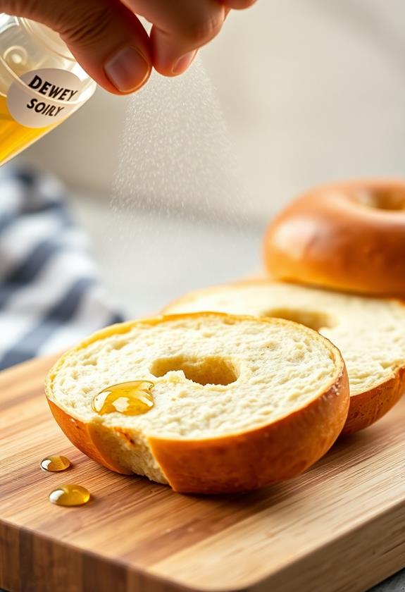 spray bagels with oil