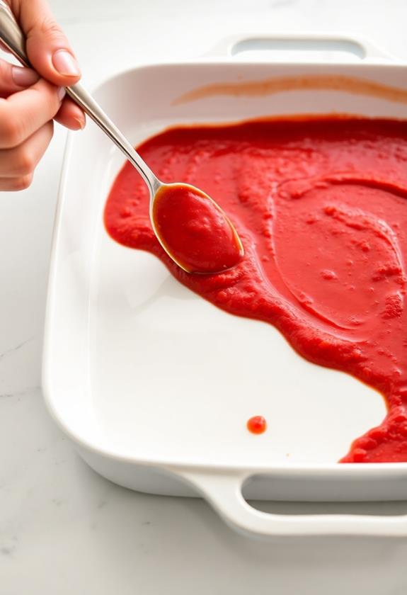 spread marinara sauce evenly