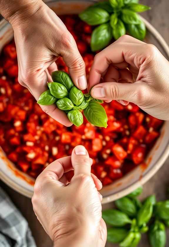 tear basil into sauce