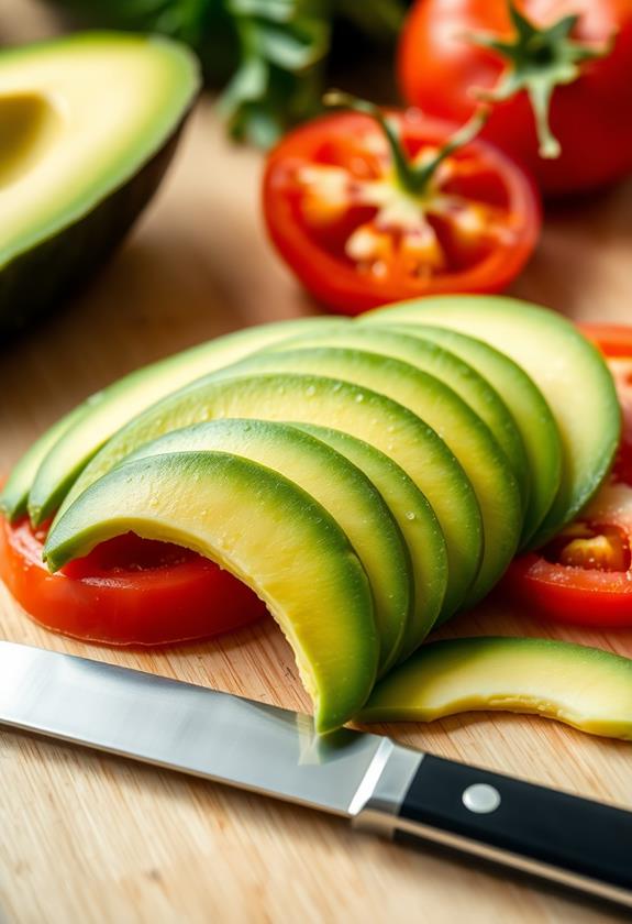 thinly slice avocado tomato