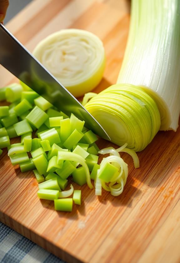 thinly slice celery leek