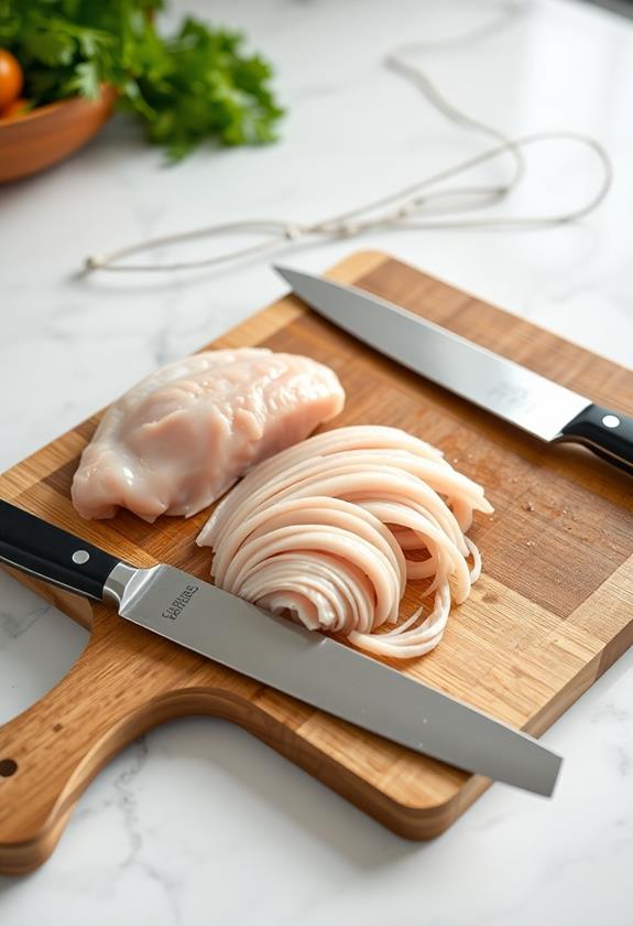 thinly slice chicken breasts